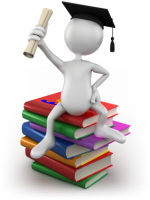 White man sitting on books